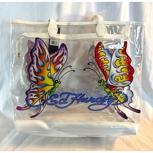 NWT ED HARDY PVC Bag Purple Butterfly Clear Tote Shoulder Bag Beach Summer $159